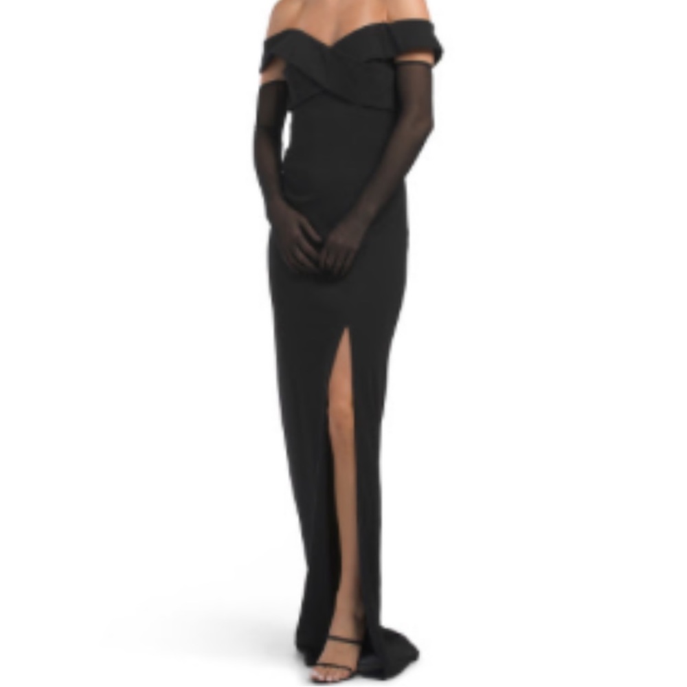 NWOT Rene Ruiz Black Sheer-Sleeve Maxi Dress with High Slit